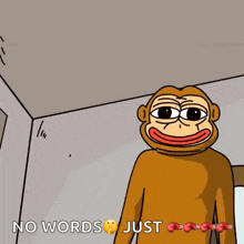 a cartoon monkey is standing in a room and says no words just .