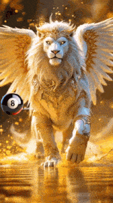a white lion with wings is standing next to a pool ball with the number 8 on it .