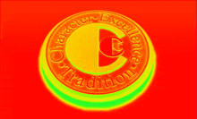 a yellow and red circle with the words character excellence tradition written on it