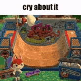 a cartoon cat is riding a skateboard on a ramp with the caption cry about it