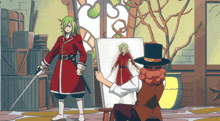 a man in a top hat is painting a picture of a man in a red coat