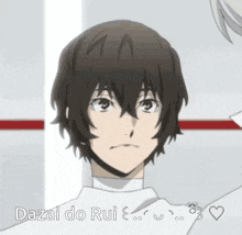 a close up of a person 's face with the words `` dazai do rui '' written on the bottom .