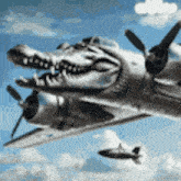 a plane that looks like a crocodile flying in the sky