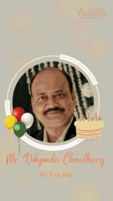 a picture of a man with balloons and a cake with the words happy birthday