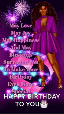 a woman in a purple dress is surrounded by fireworks and hearts .
