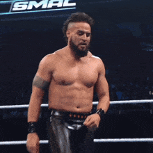 a shirtless wrestler stands in a ring with a smac sign in the background