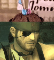 a man with an eye patch and a cupcake on his head in front of a sign that says " home "