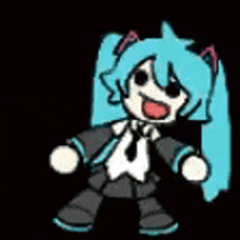 a cartoon character with blue hair and a tie is standing with her arms in the air .