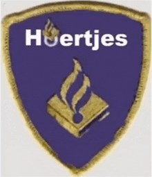 a purple shield with a book and a flame and the word " huertjes " on it