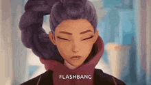 a cartoon girl with purple hair is wearing a red jacket and a ponytail .