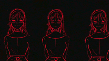 three anime girls are standing next to each other in a dark room with red lights shining on them .