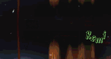 a car is driving down a highway at night with a sign in the background that says ' remu ' on it