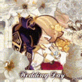 a wedding day greeting card with a bride and groom surrounded by flowers and a wedding cake