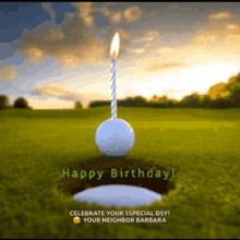 a birthday card with a golf ball with a lit candle on top