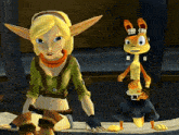 a cartoon character is standing next to a cartoon character