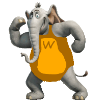 a cartoon elephant wears a yellow shirt with the letter w on it