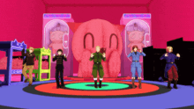 a group of people are standing in front of a giant stuffed animal that says " playground " on it