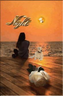 a painting of a woman sitting on a dock with a dog and the word night
