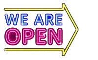 a neon sign that says we are open with an arrow pointing to the left