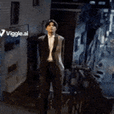 a man in a suit is standing on a set of stairs with a viggle.ai logo in the corner