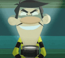 a cartoon character is smiling and holding a cup