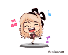 a cartoon of a girl dancing with music notes around her and the name anshucom