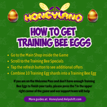 a poster for honeyland explains how to get training bee eggs