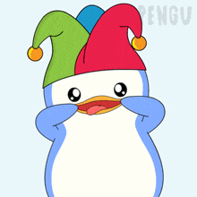 a cartoon penguin wearing a colorful jester hat with the word pengu on the bottom