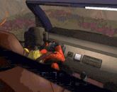 a cartoon drawing of a person driving a car with a purple background and a clock that reads 16:26