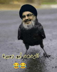 a picture of a bird with a man 's face on it with arabic writing