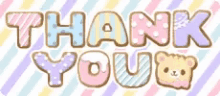 the word thank you is on a striped background with a bear .