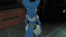 a blue and white furry character with a circle on the shoulder