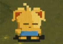 a pixel art of a yellow dog with big eyes