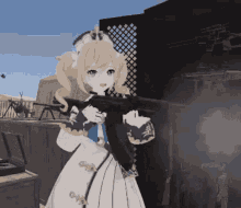 a girl in a white dress is holding a gun in her hand .