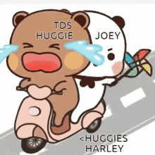 a cartoon of two bears on a scooter with the words huggies harley