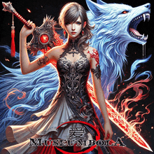 a woman is holding a sword in front of a white wolf and the word museumbola is on the bottom