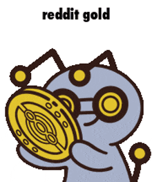 a cartoon of a cat holding a gold coin that says reddit gold on it