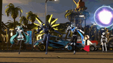 a group of anime characters are standing on a street in front of a sign that says ' hatsune miku ' on it