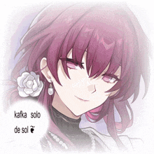 a girl with purple hair has a flower in her ear and the words kafka solo de sol