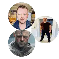 a man with a beard is standing in a circle with two other men