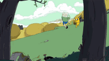 a cartoon of finn and jake walking in a field