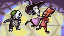 a cartoon of a witch , a skeleton , and a devil dancing together .