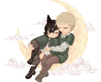 a pixel art of a boy holding another boy on a crescent moon