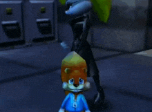 a cartoon character is standing next to another cartoon character in a room in a video game .