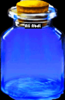 a blue bottle with the name ali abdi on the top