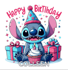 a birthday card with stitch holding a cupcake and a candle