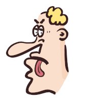 a cartoon drawing of a man with a big nose sticking out his tongue
