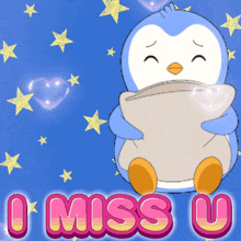 a penguin holding a pillow with the words " i miss u " below him