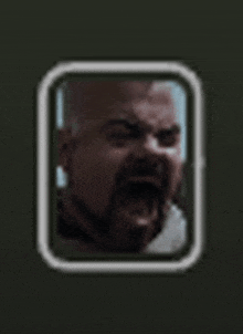 a man with a beard is screaming with his mouth open in a square .