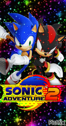 a poster for sonic adventure 2 with sonic and shadow